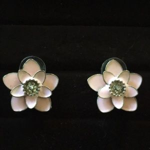 Pink enamel rhinestone clustered double layered flower earring on post.